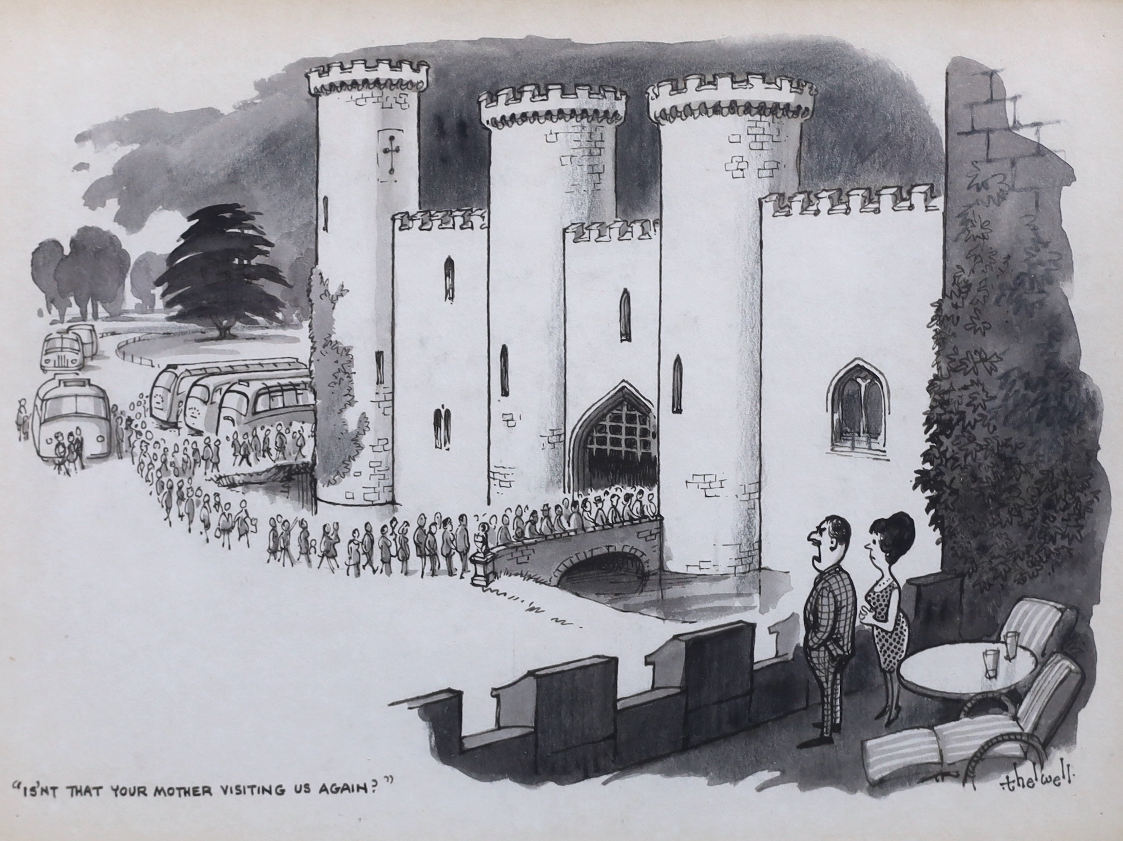 Norman Thelwell (English, 1923-2004), 'Isn't that your mother visiting us again?', pen, ink and monochrome watercolour, 18.5 x 24.5cm